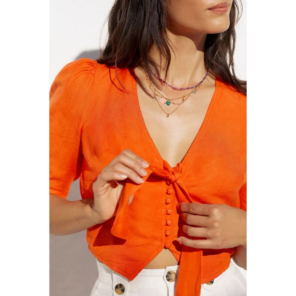 Like-new Anthropologie Maeve Tie-Front Linen Puff Sleeve Crop Top Blouse